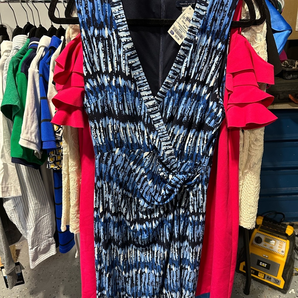 Blue and Black Patterned V-Neck Dress